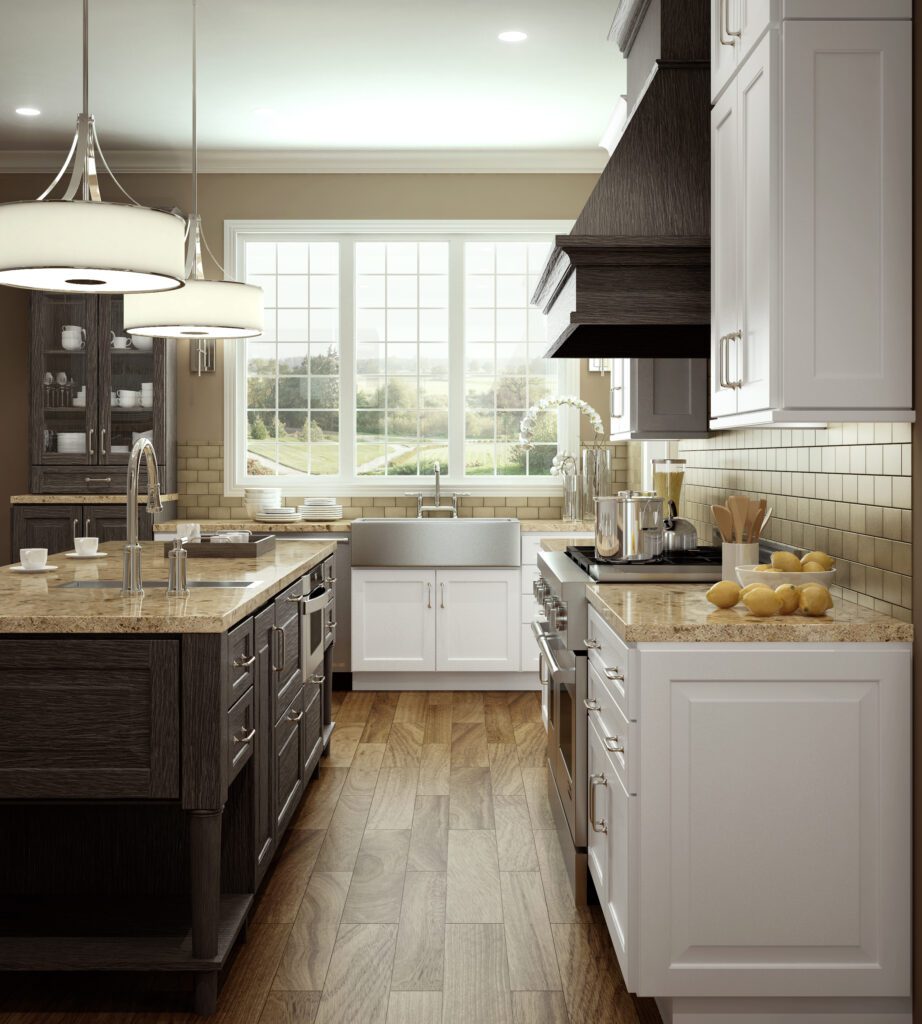 Easton Pennsylvania Modern Tuscan Kitchen with stone tile backsplash and granite countertops