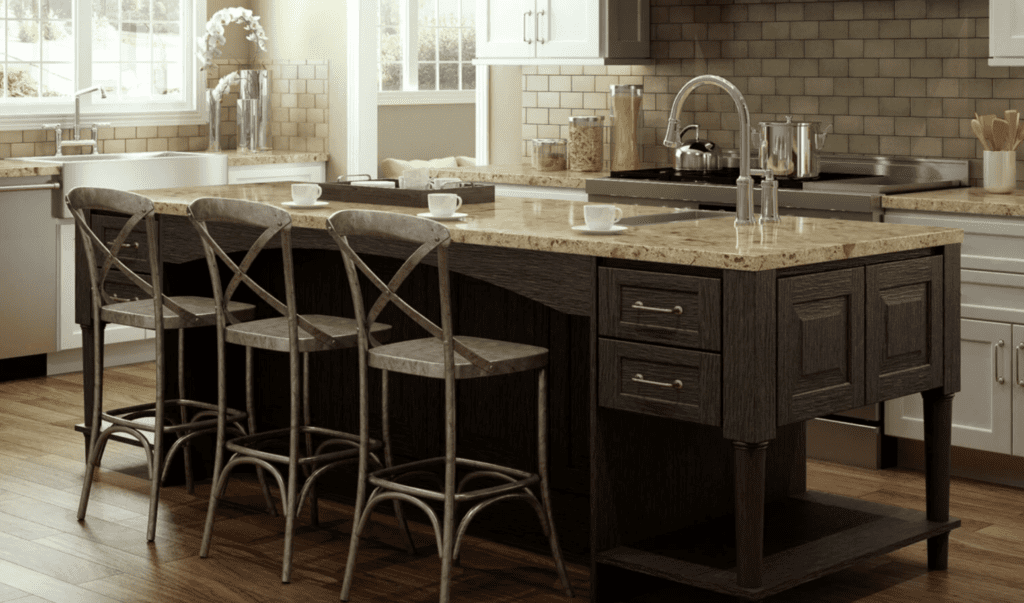 Custom Modern Tuscan Kitchen Island with granite countertops and stools for seating 