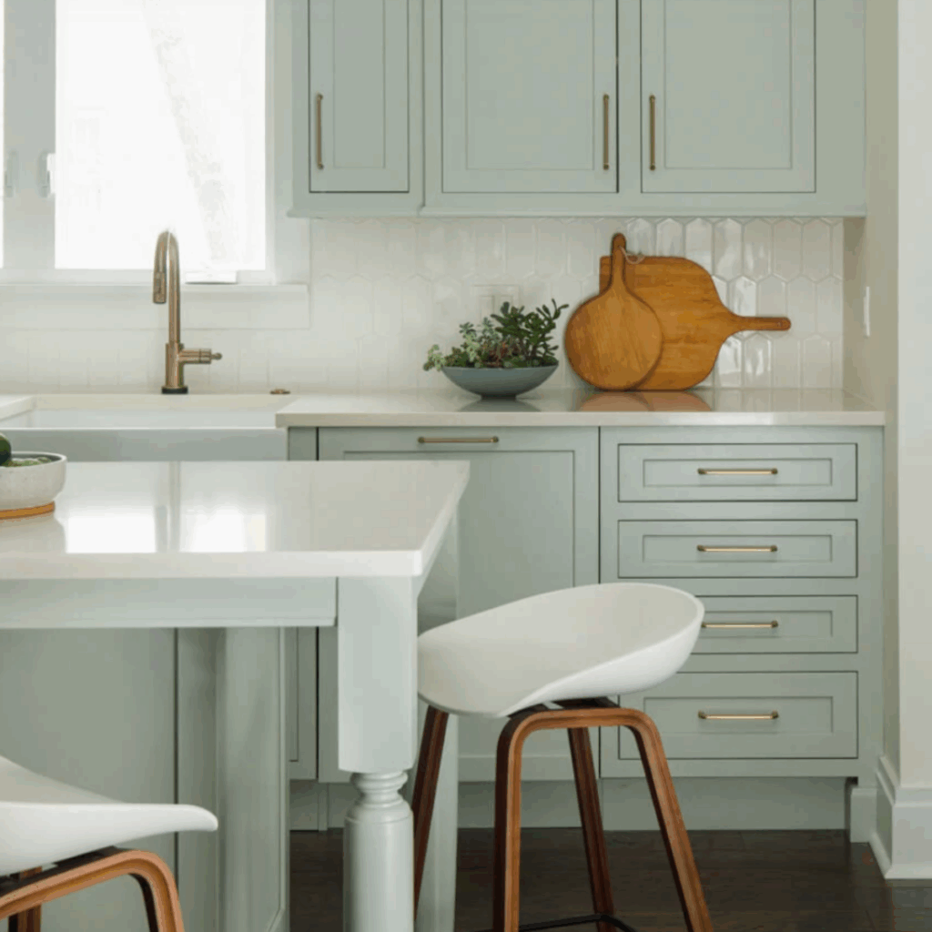 A kitchen with sage green cabinets