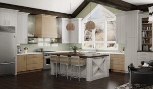 A white kitchen island in a kitchen