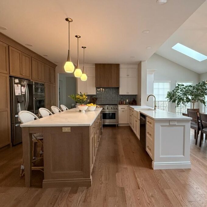 Kitchen with wall cabinets and large island.