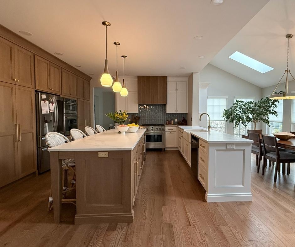Kitchen with wall cabinets and large island.