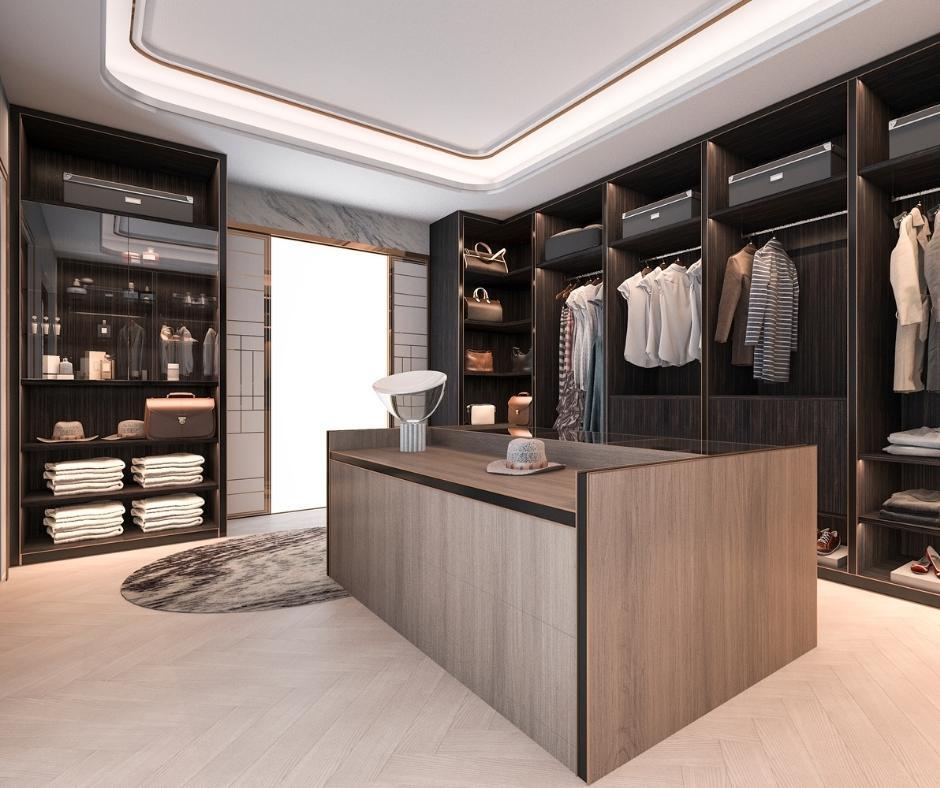 Closet with dark shelves.