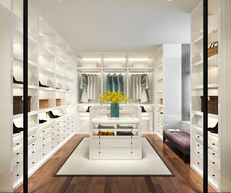 White luxury walk-in closet.