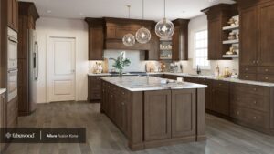 A kitchen with dark cabinets, large island and round glass pendants.