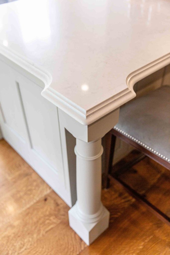 A white counter top with a bar stools
