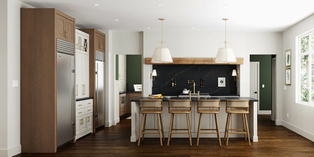 modern farmhouse kitchen that features contemporary luxury cabinets with four stools for seating with wooden legs
