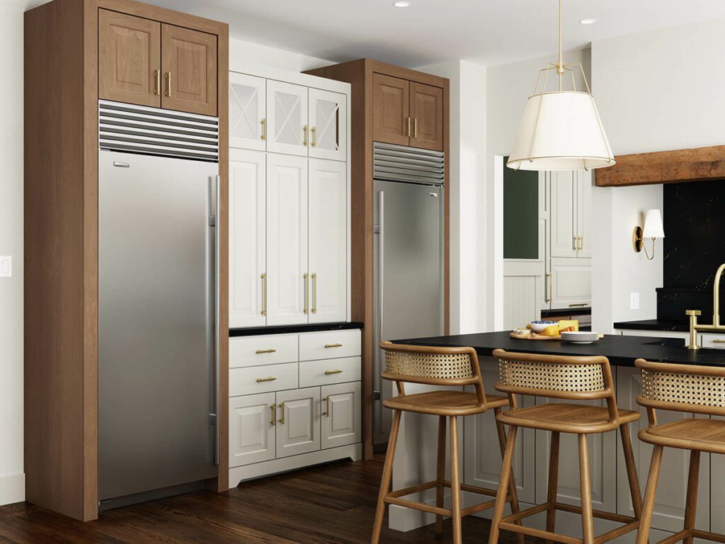 New stainless steel appliances in a  modern farmhouse kitchen