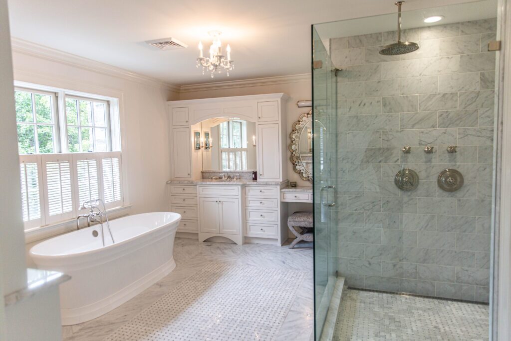 spa like bathroom remodel with soaking tub tile floors and spacious shower