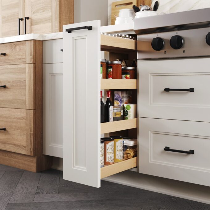 A white roll-out storage drawer.