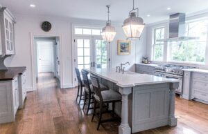 Kitchen with gray island.
