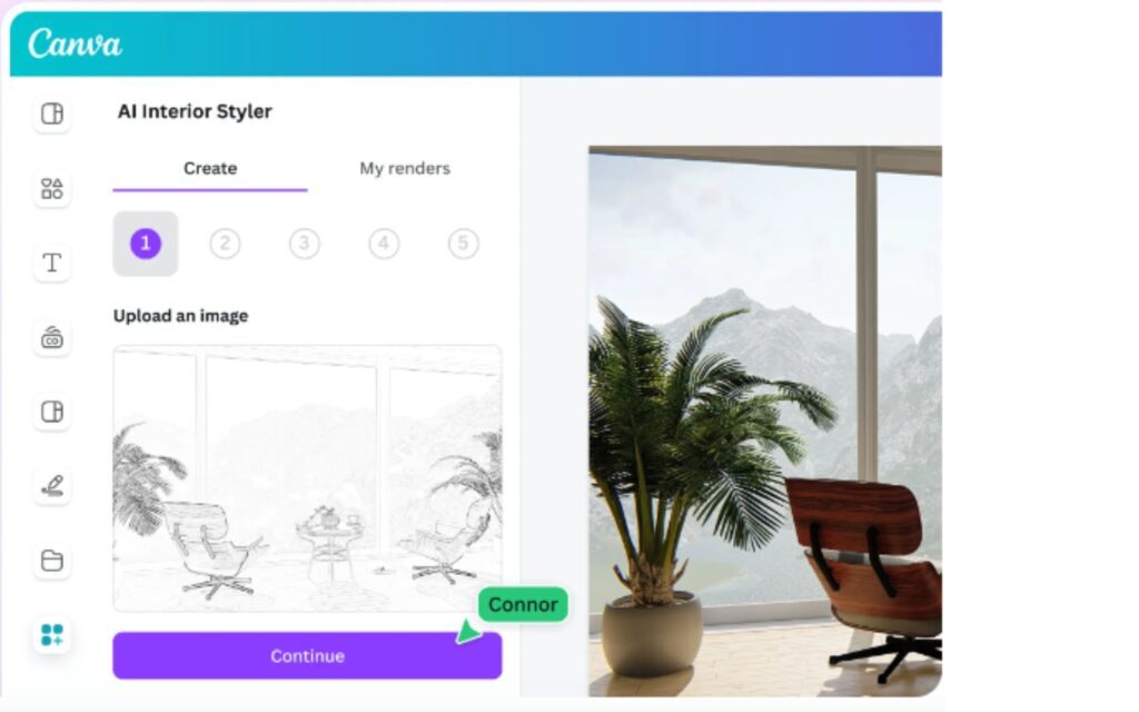 A sketch of plant and chair on left and real photo of plant and chair on right for Canva.