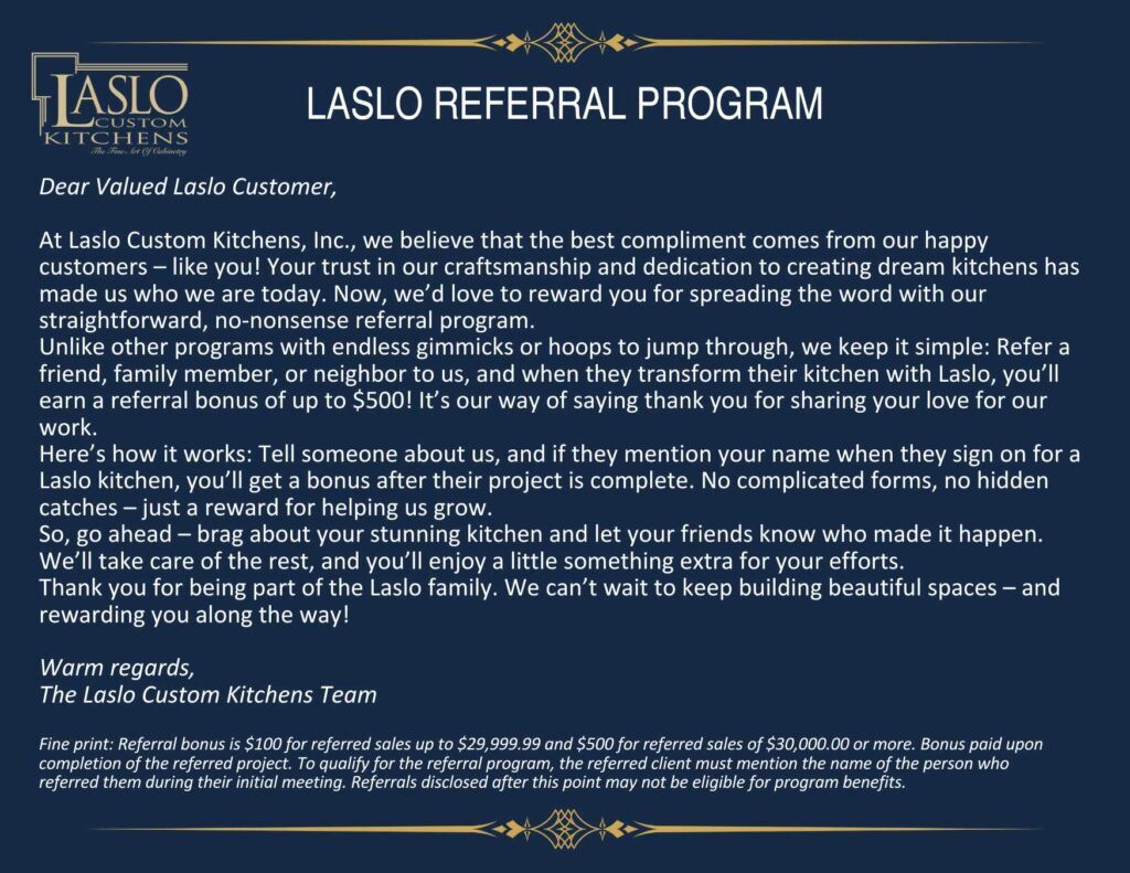 A navy graphic with white copy for Laslo Kitchen's referral program.
