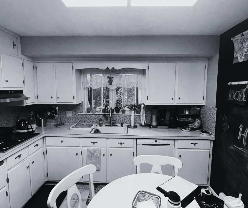 Old Bethlehem PA kitchen with white cabinets, dated backsplash, and laminate counters prior to Laslo Custom Kitchens renovation