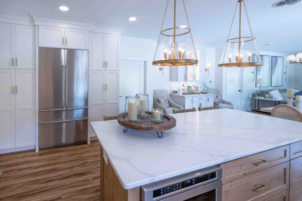 This kitchen island features quartz countertops.