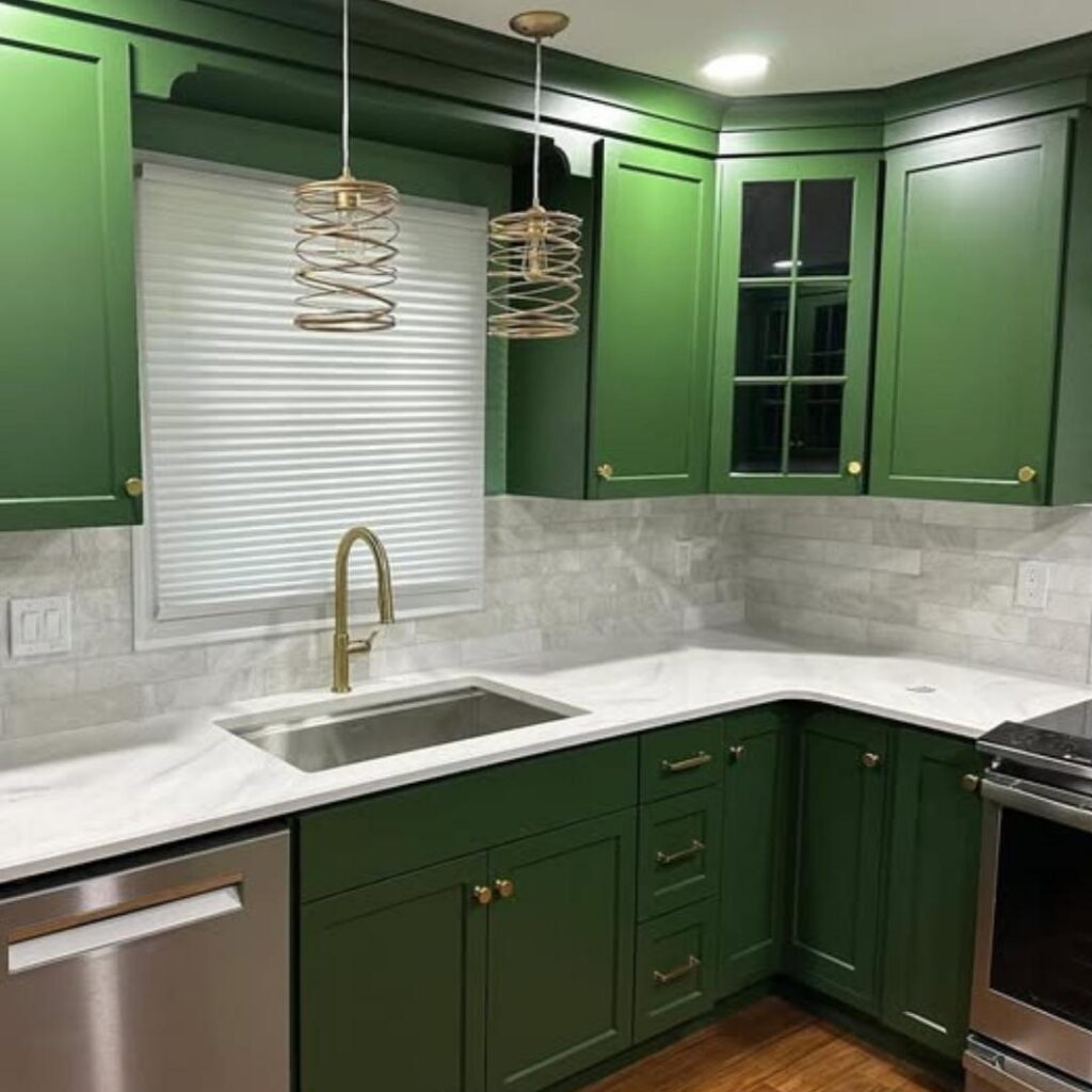 Green kitchen cabinets.