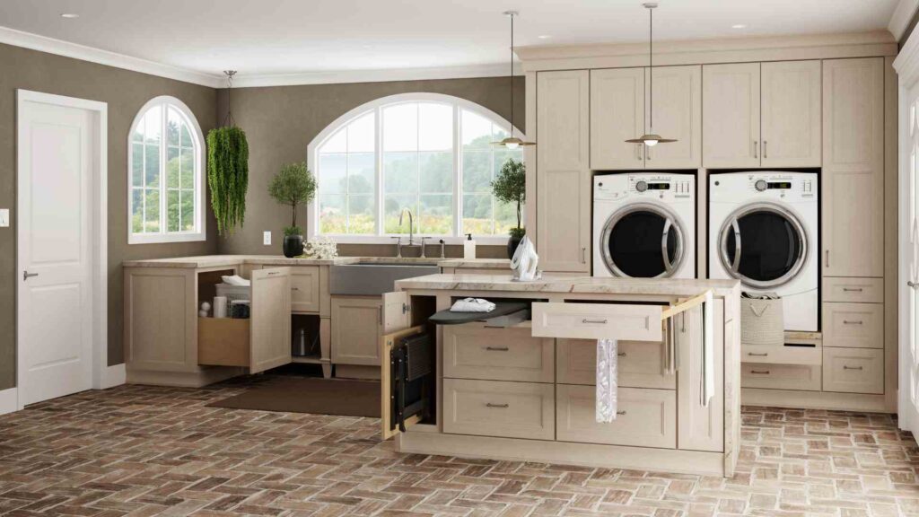an organized laundry room thanks to custom cabinetry