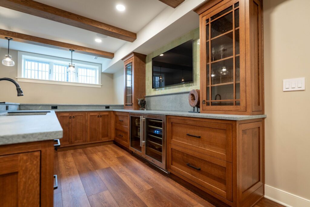 Quarter sawn white oak basement cabinetry with soapstone countertop
