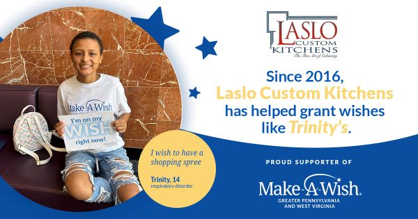 A girl with cancer sits on a brown leather couch for Make-A-Wish.