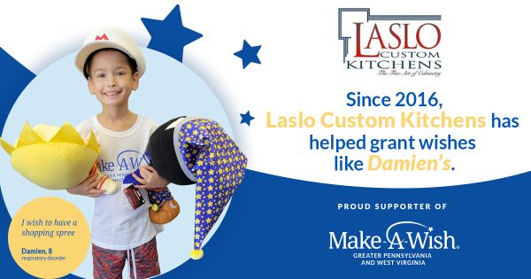 A blue and yellow graphic for Laslo Kitchens & Make-A-Wish features blue stars and a photo of a boy.