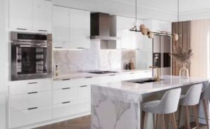 White high gloss cabinets made by Fabuwood and sold by Laslo Custom Kitchens.