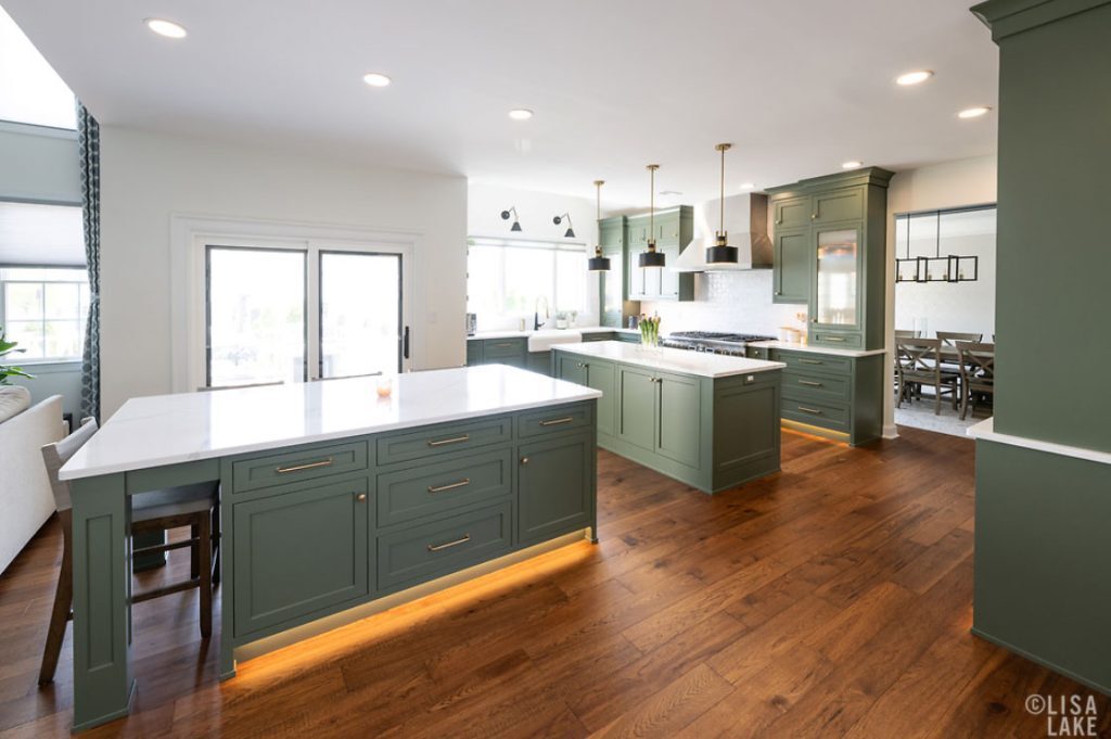 Green Kitchen Cabinets baseboard lighting