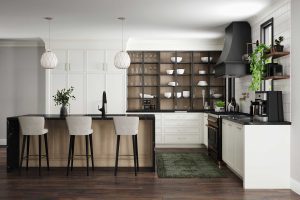 Kitchen with white and black cabinets and floating shelves.