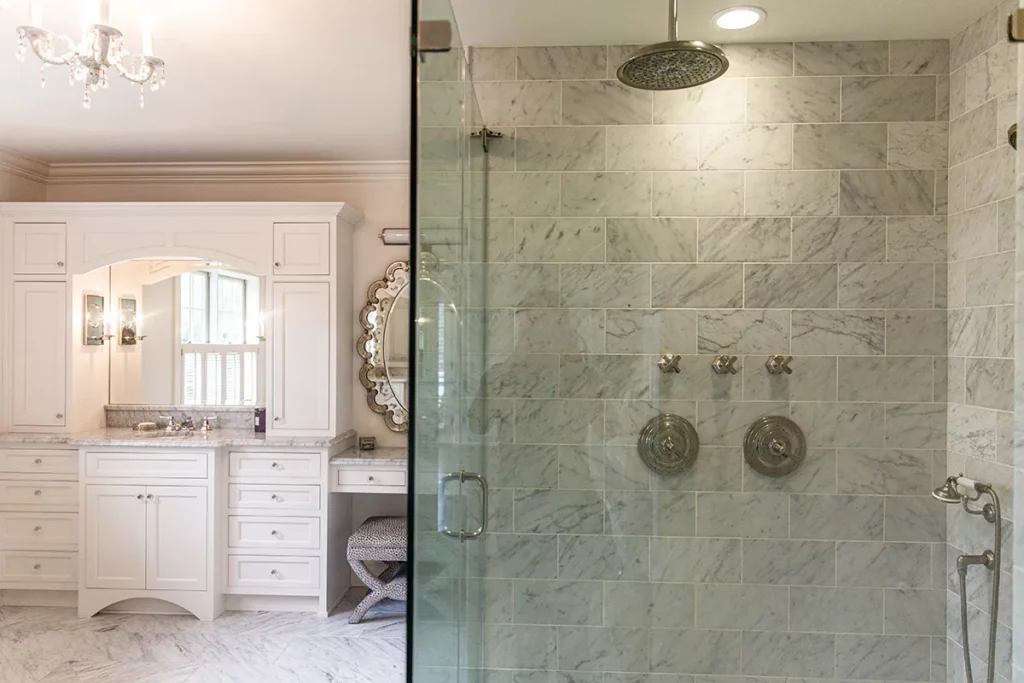 venetian style bathroom remodel with marble tile