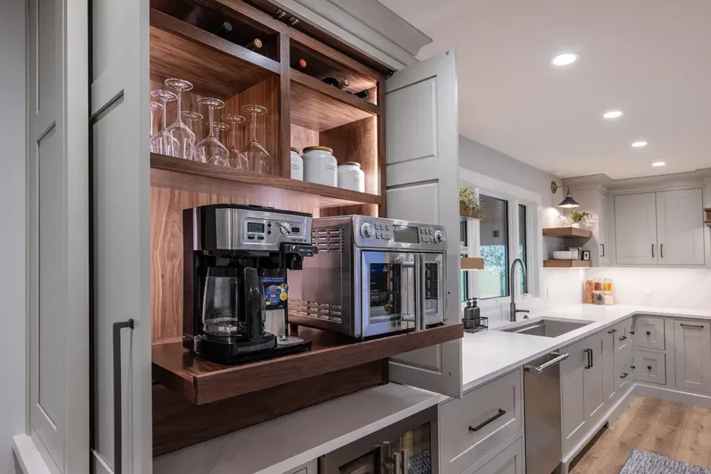 custom beverage bar for the homeowners’ coffee machines and associated goods.