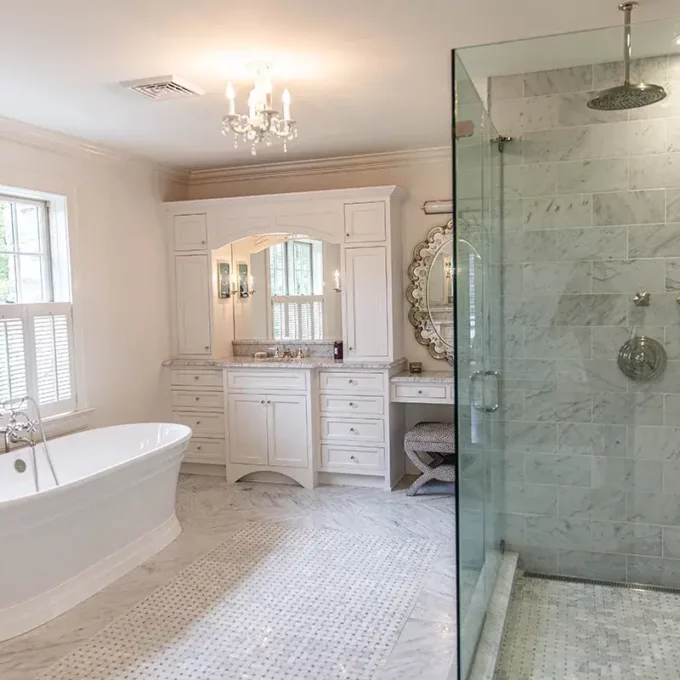 Custom Bathroom Remodel with white soaking tub and walk-in shower