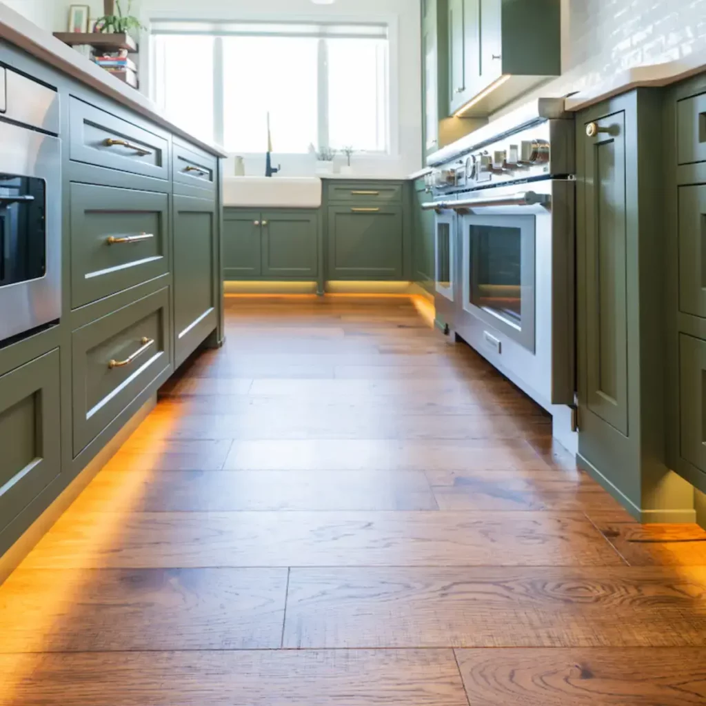green kitchen cabinets with toe kick lighting