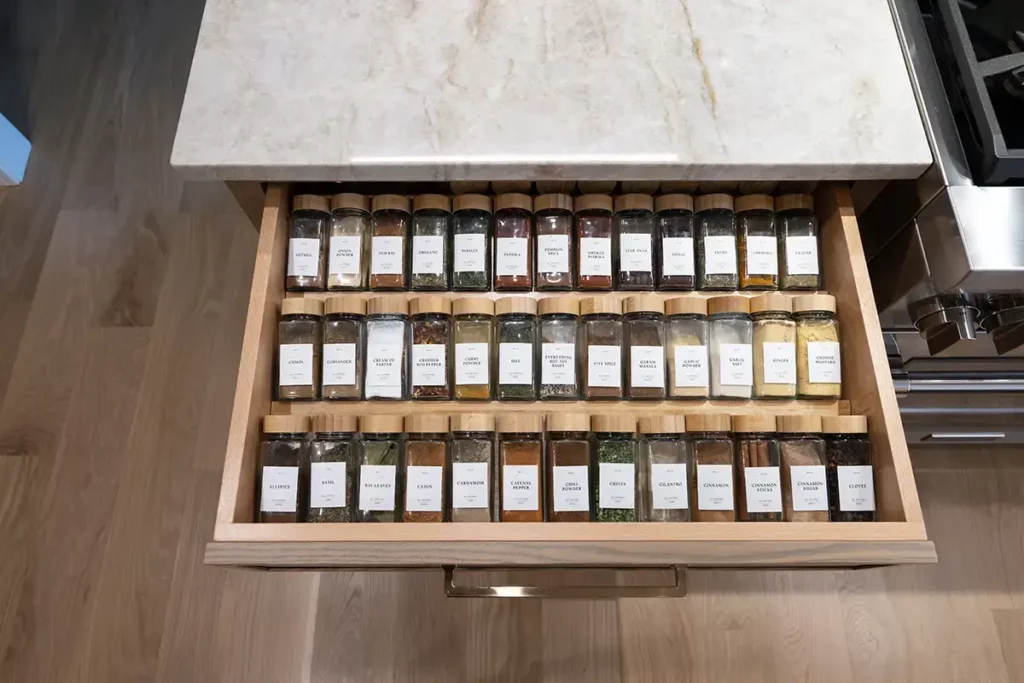 A custom kitchen cabinet drawer with very well organized spices