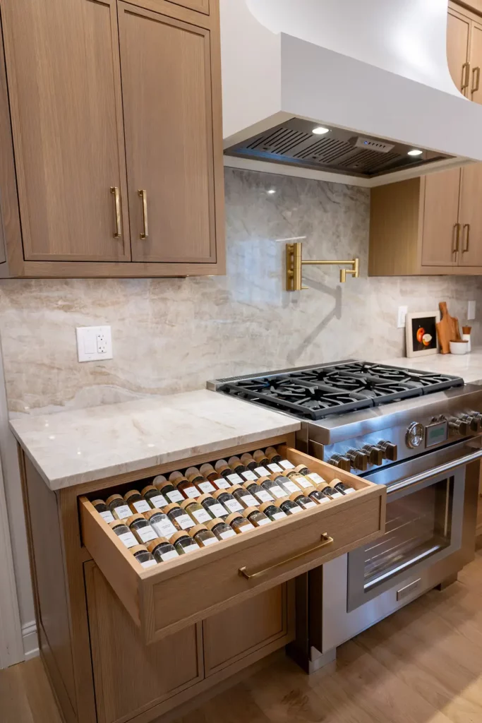 Kosher Kitchen Design Inspiration with spice drawer under a white countertop