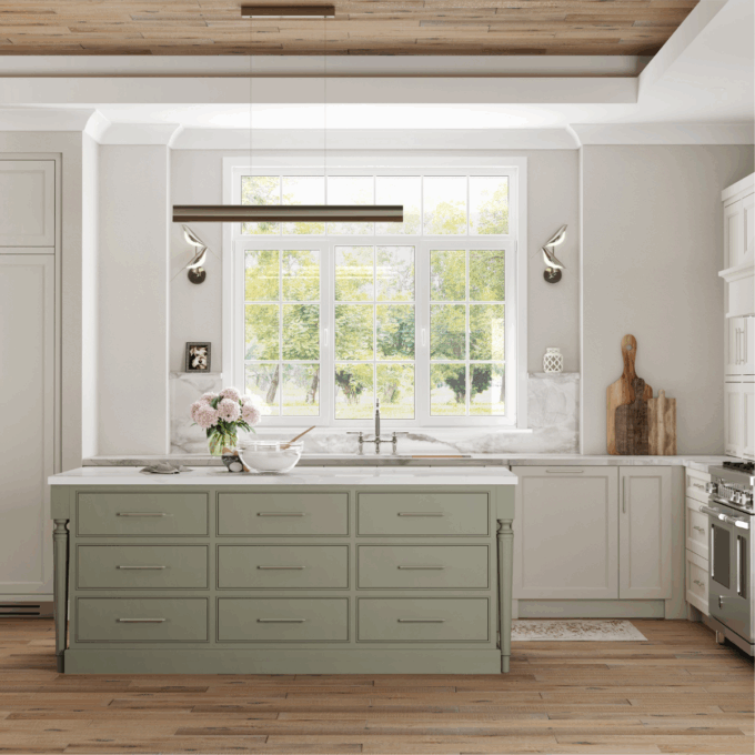 Kitchen with sage green cabinets by Laslo Custom Kitchens.