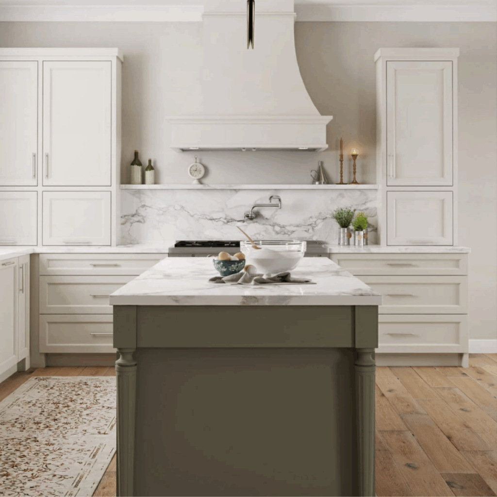 A kitchen with an army green island and white cabinets.