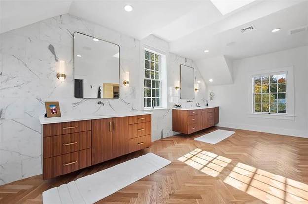 A Laslo bathroom Remodel in Saucon Valley, PA with 2 floating vanities.