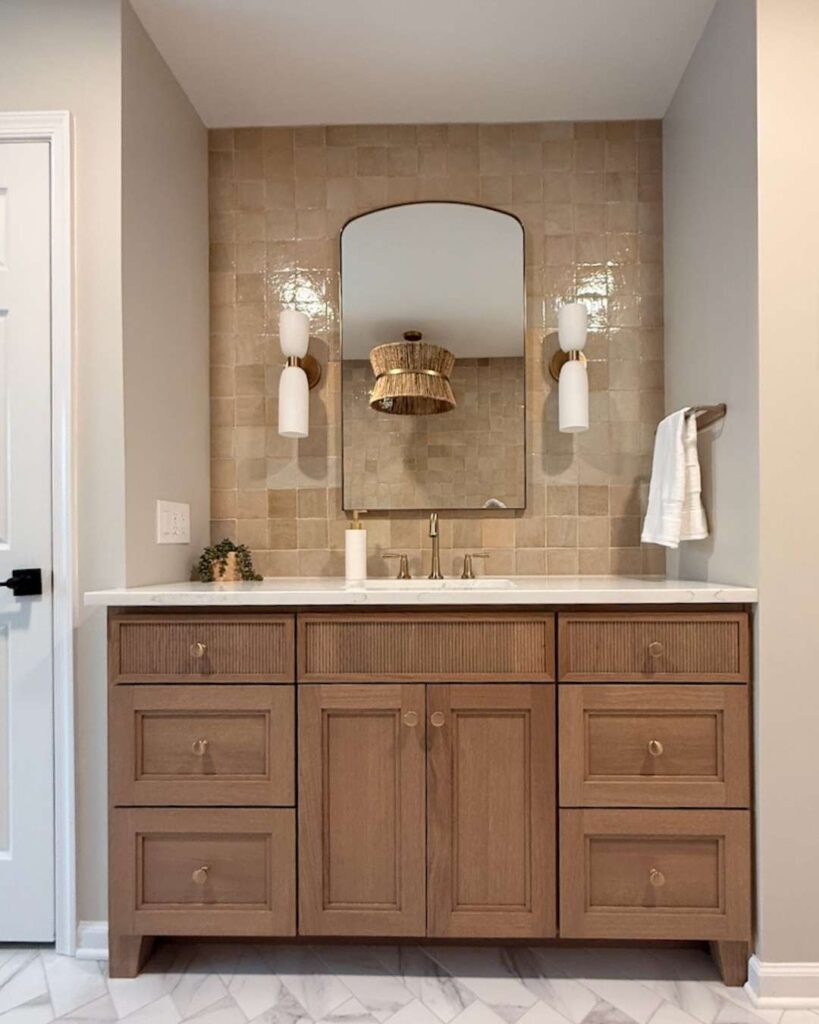 Oak vanity in a bathroom.