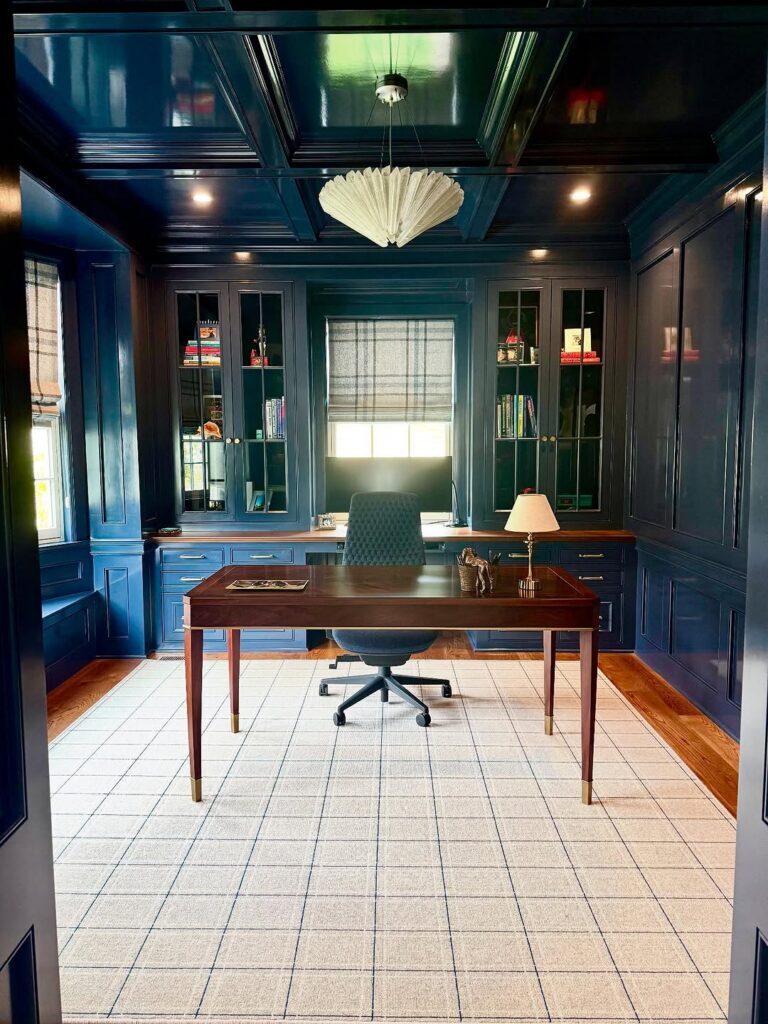 blue laquer cabinetry in a home office in Orefield pa. the walls and ceiling are drenched in blue gloss