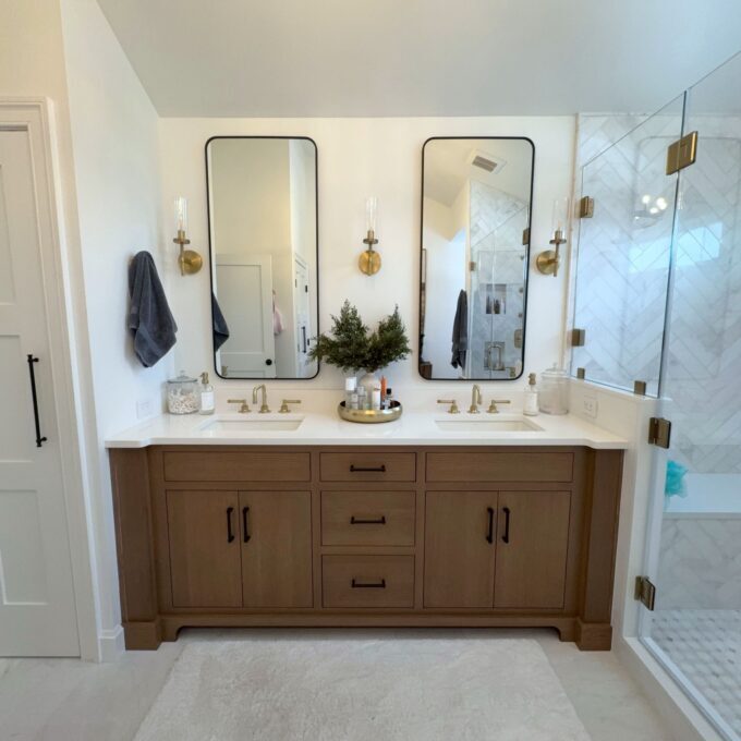 Custom bathroom vanity cabinets in Bethlehem PA with white rift cut oak and double sinks