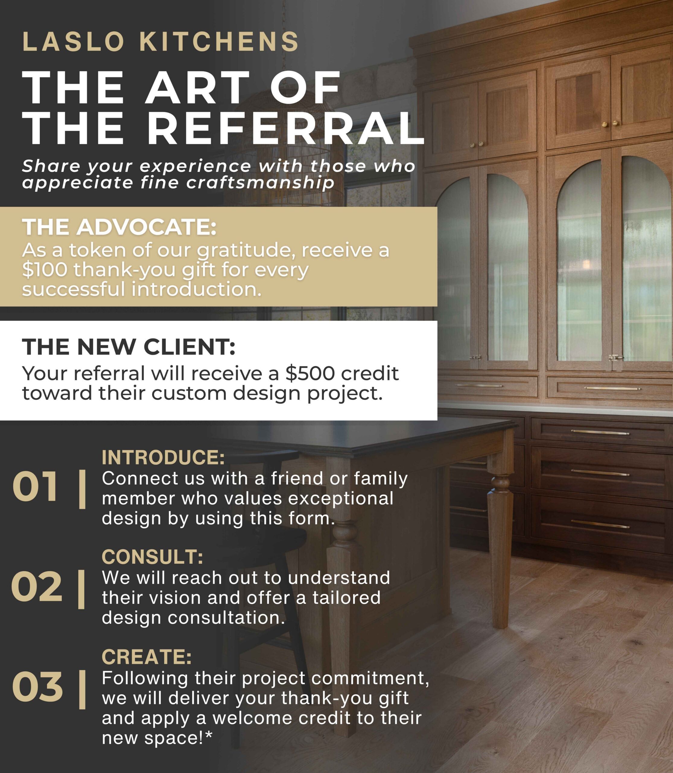 referral program details for laslo custom cabinetry