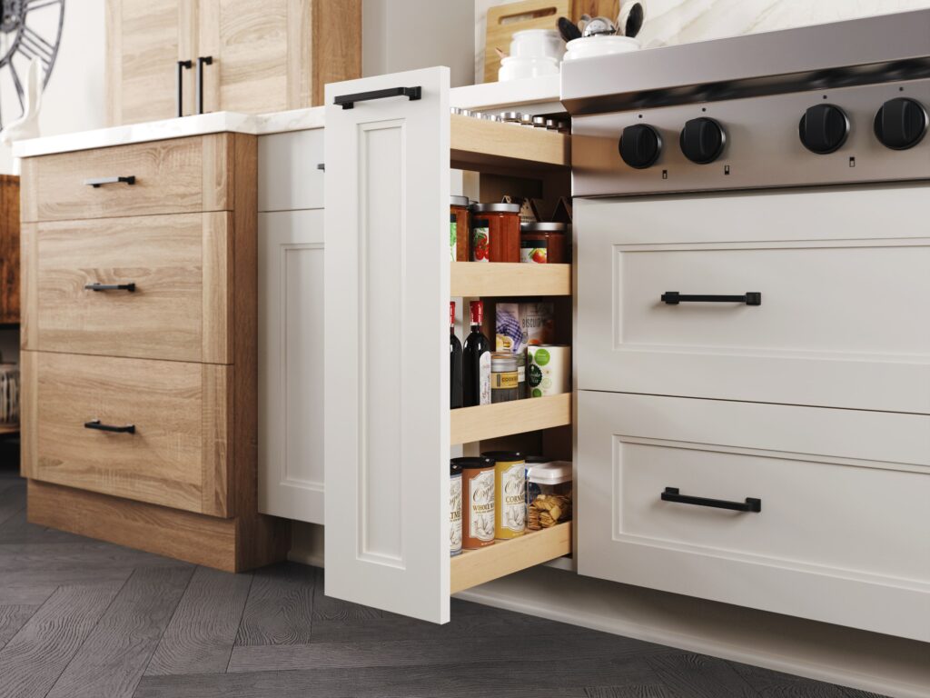 A white roll-out storage drawer.