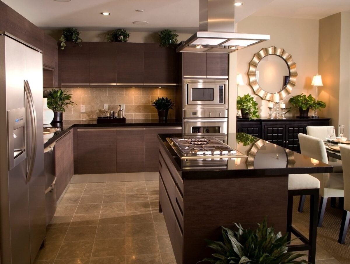 kitchen remodel ideas 2025 picture of a brown kitchen with dark countertops