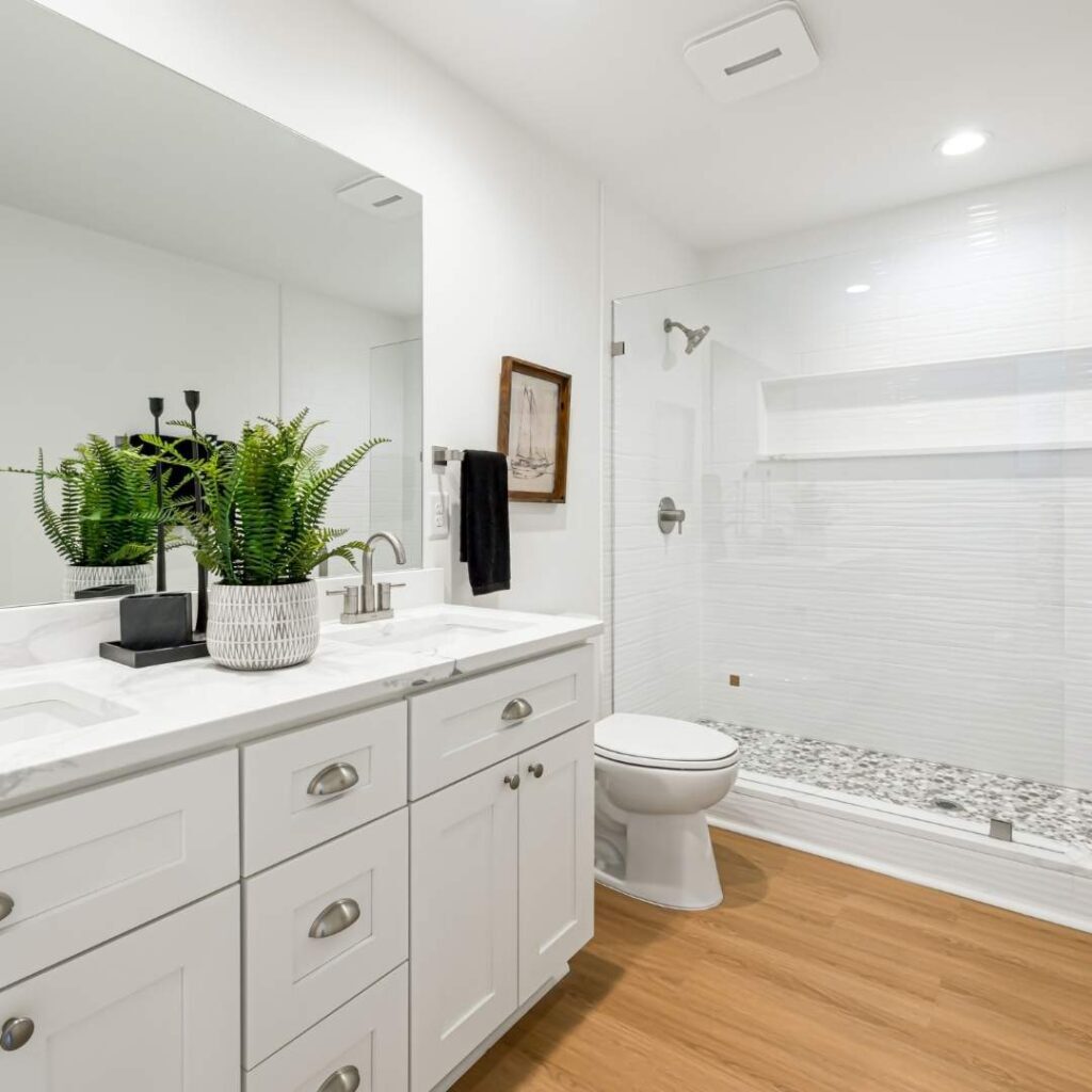 bathroom remodeling ideas showing a double sink in an aopen bathroom
