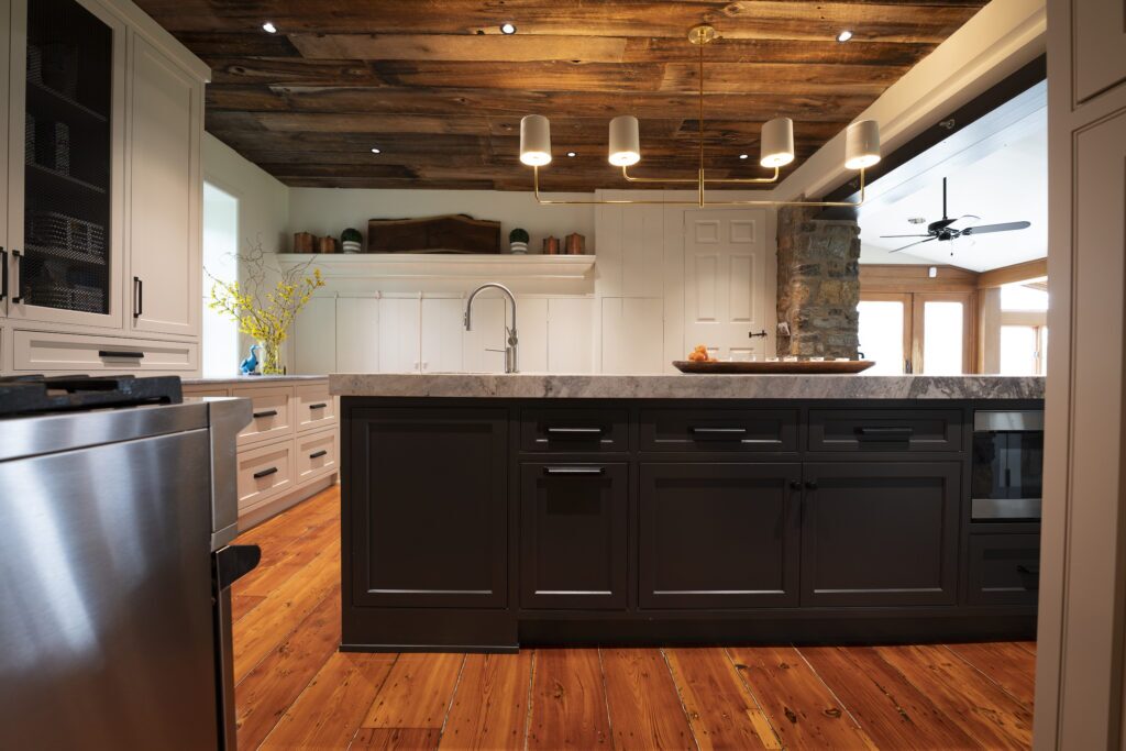 kitchen island in black in a farmhouse