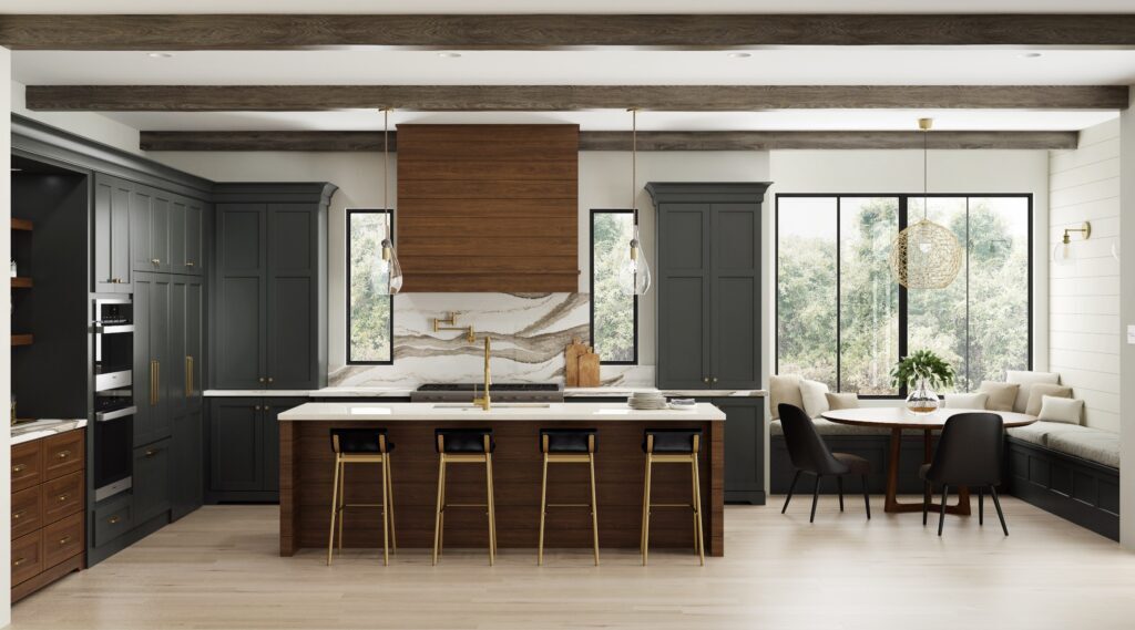 Custom walnut and painted cabinet kitchen with large walnut island with seatigng for four.