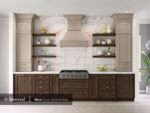 Floating shelves in a kitchen.