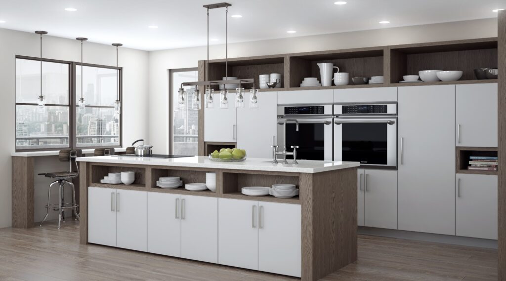 White and wood modern custom kitchen with layered lighting