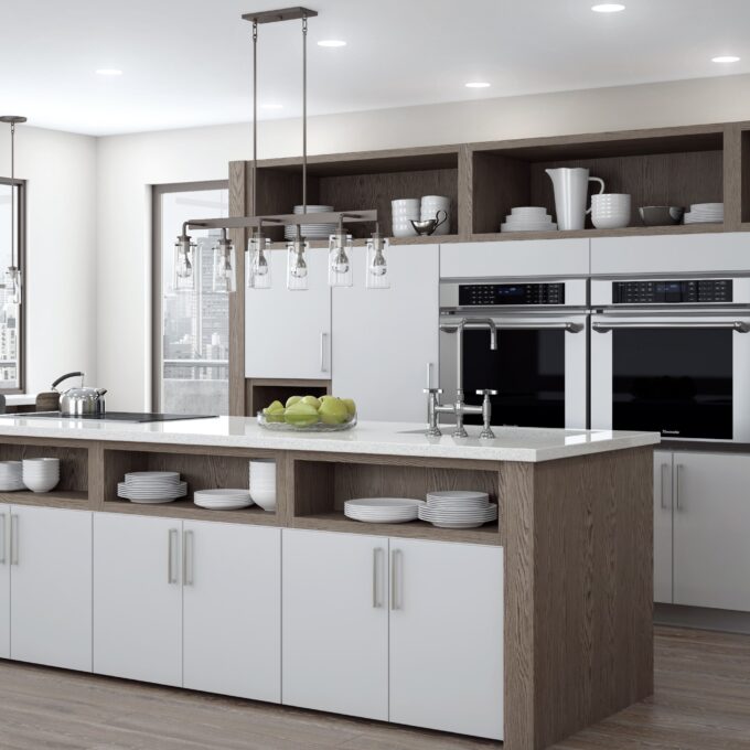 White and wood modern custom kitchen with layered lighting