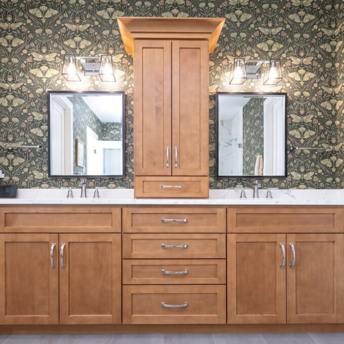 A view of the completed bathroom remodel in Bethlehem, PA featuring hard maple center tower cabinetry with custom millwork.