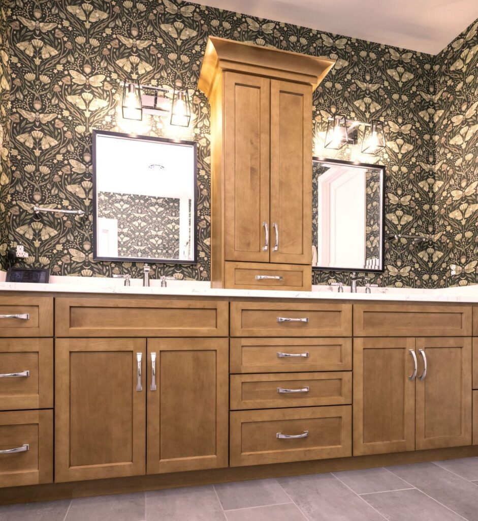 maple vanity with a tower showing detail of custom crown